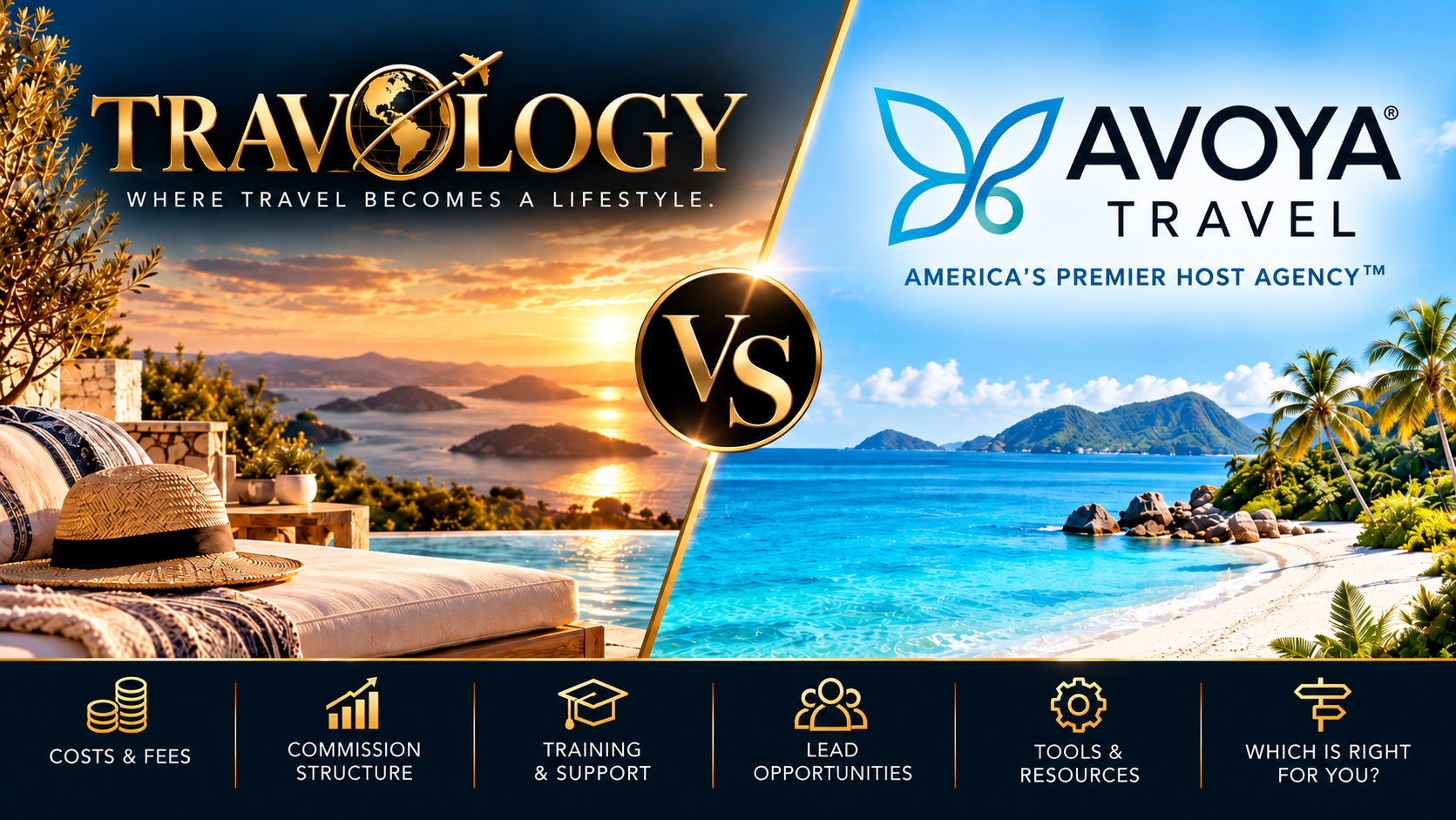 Travology vs. Avoya Travel host agency comparison featuring travel destinations and cruise imagery.