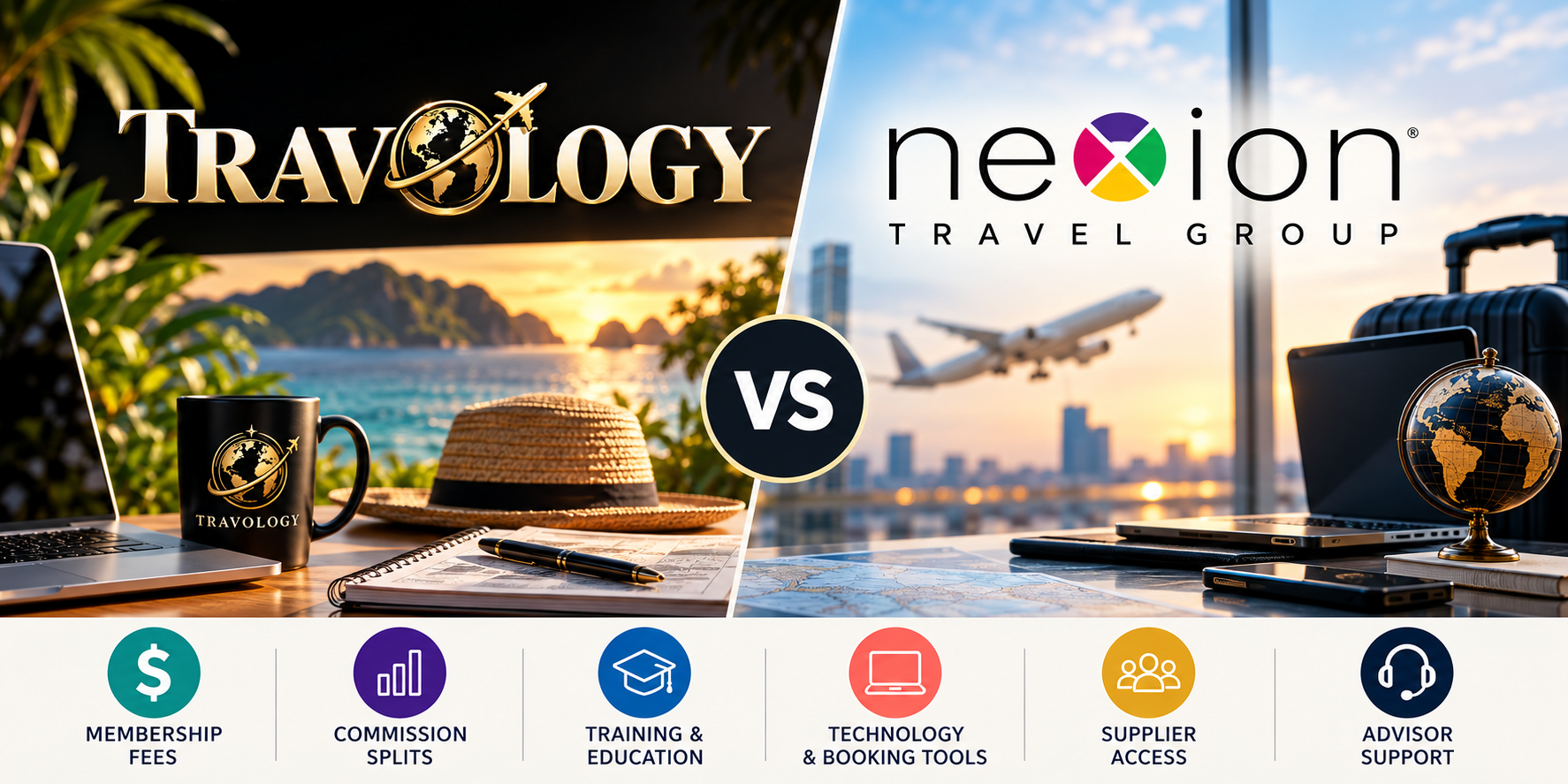 Travology vs. Nexion host agency comparison covering membership fees, commissions, training, technology, and advisor support