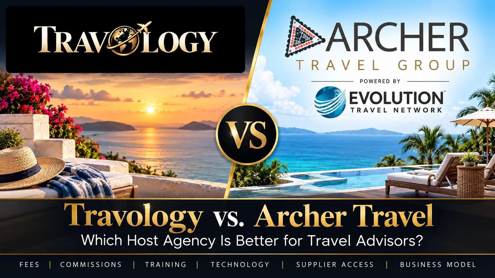 Travology vs. Archer Travel host agency comparison covering membership fees, commission splits, training, and Evolution Travel enrollment.